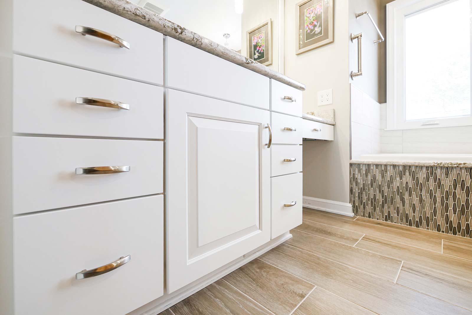 White wood cabinets for bathroom.